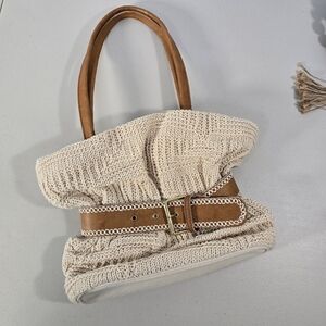 BONFANTI ITALY Natural Knit Cotton GENUINE LEATHER Trim Shoulder Bag Purse Beige